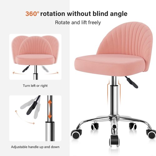 KKTONER Rolling Stool Swivel Office Chair Velvet Vanity Chairs Height Adjustable stools with Back for Bedroom Home Makeup Cosmetic Drafting(Pink)