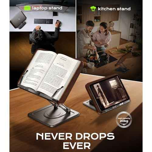 Book Stand for Reading, Adjustable Book Holder with 360¡ÆRotating Bases, Ergonomic Cookbook Stand Recipe Book Holder with Elastic Page Clips for Magazines, Tablets, Laptops