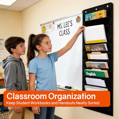 SUNEE 10-Pocket Hanging Wall File Organizer Black Space Saver Office Classroom