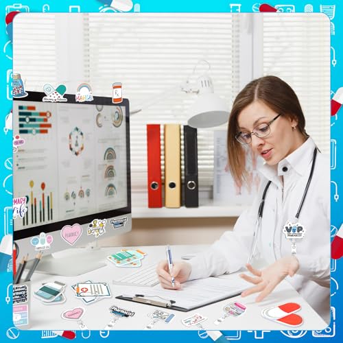 86 Pcs Pharmacy Week Gifts Include 12 Pharmacy Pens 12 Pharmacist Sticky Notes 12 Badge Reels 50 Cute Stickers for Pharmacist Gifts Set Nursing Week Doctor Medical Assistant Technician Clinic Supplies