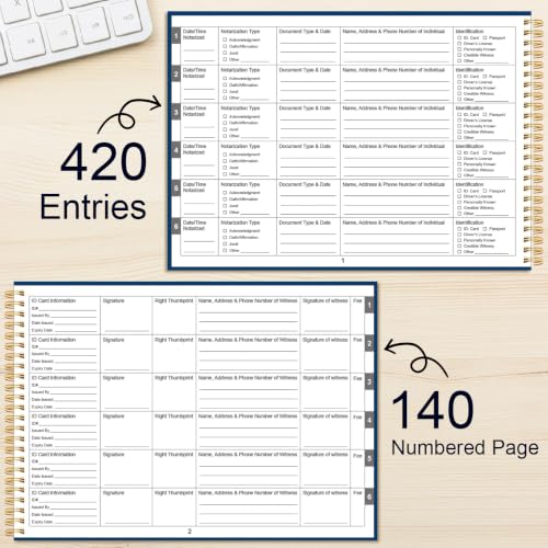 Blue Notary Journal Log Book - Hardcover, 140 Pages, 420 Entries, 100gsm Paper, 10 x 7 in - Tuun Fuplan