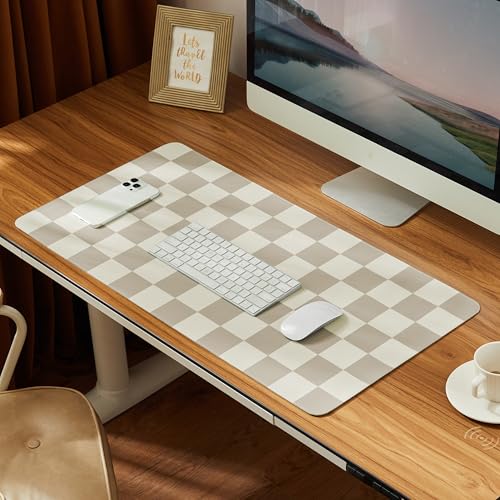 Ohocut Khaki Checkered Desk Mat 31.5 x 15.7 Inches Large PU Leather Office Desk Protector