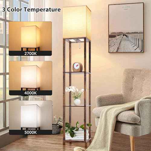 Floor Lamp with Shelves, Modern Wood Standing Shelf Lamp with 3 CCT LED Bulb and White Shade for Living Room Bedroom and Office Deco-Brown