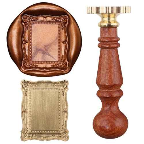 1PCS Wax Seal Stamp Head 1PCS Removable Wooden Handle,3D Embossed Rectangle Vintage Texture Brass Head Wax Stamp Retro Photo Frame Wax Seal Stamp Kit For Card Envelope Wedding Invitations Scrapbooking