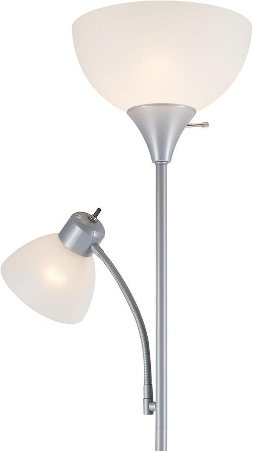 Globe Electric 67134 Torchiere Floor Lamp - Adjustable Reading Light with 3-Step Dimming | Silver Frosted Shade