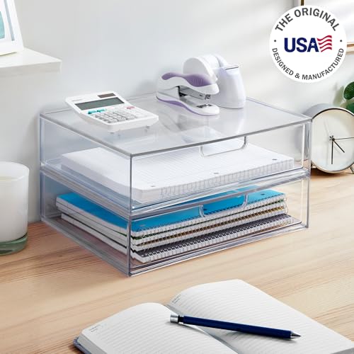STORi STAX Clear Plastic Stackable Drawer Organizer Set of 2, 12.5" Wide, Open Front, Made in USA