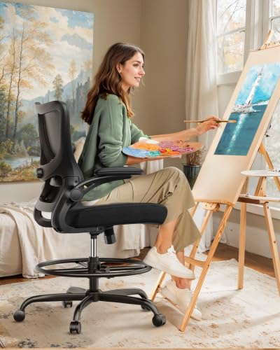 Marsail Drafting Chair Dark – Tall Office Chair with 2D Lumbar, 30.7" Seat Ht, Flip-Up Armrests & Foot Ring
