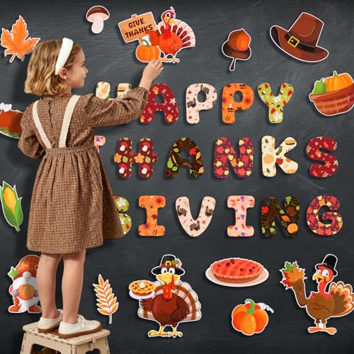 Konsait 31Pcs Thanksgiving Bulletin Board Decorations, Turkey Pumpkin Fruits Gnome Happy Thanks Giving Cutouts for Bulletin Board, Thanksgiving Decoration for School Home Office