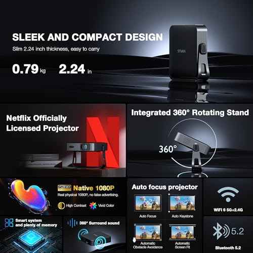 ¡¼Netflix-Licensed Projector & Native 1080P¡½Thinnest 2.24" Smart Mini Projector with WiFi and Bluetooth, Auto Focus & Keystone Portable Outdoor Projector, VOPLLS 4K Support Home Movie Projector