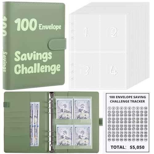 SKYDUE 100 Envelopes Money Savin Challenge Binder, A5 Money Saving Budget Binder with Cash Envelopes - Savings Challenges Book to Save $5,050