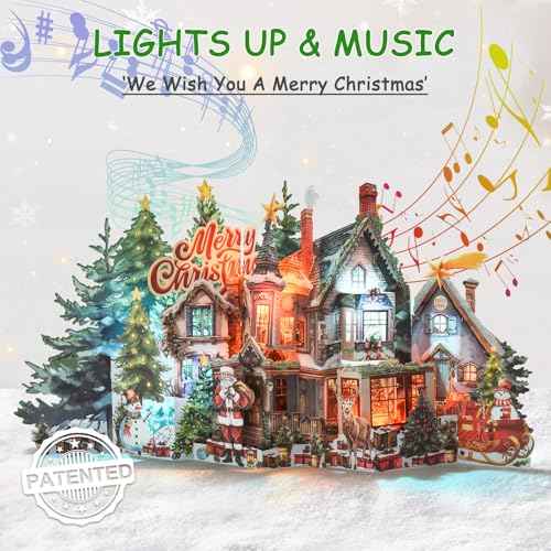 Pop Up Christmas Card, 3D Animated House Design, Jumbo Paper Xmas Giant Greeting Card with Music & Lights, Musical Christmas Gifts Card for Friends Family-Accordion Fold Xmas Villa