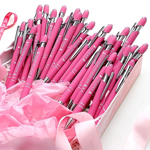 Yeaqee 50 Pieces Breast Cancer Awareness Pink Pens Bulk with 0.5 mm Inspirational Black Ink Retractable Pink Ribbon Ball Point Pens for Public Events Women Girls Gift Office Supplies