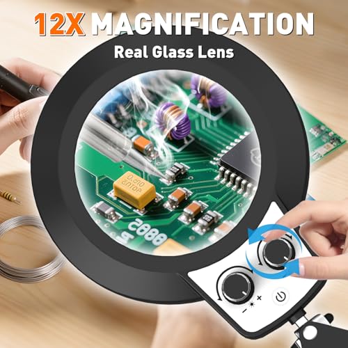 KIRKAS 12X Magnifying Glass with Light & 35 Inch Clamp Stand, Extra-Long Arm