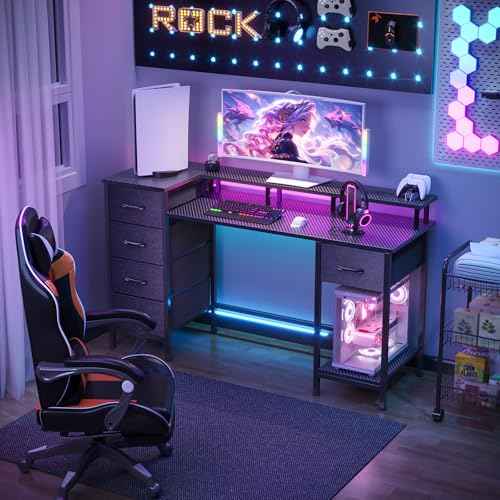 47 Inch Computer Gaming Desk with Power Outlets & LED Lights Reversible Home Office Desk with Adjustable 5 Fabric Storage Drawers for Working Writing Study, Carbon Fiber Black