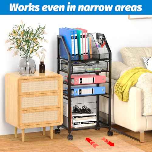 5 Tier Rolling File Cart with Drawer, Metal Office File Cart Organization with Sliding Trays, Teacher Carts with Wheels, Paper Letter Storage Hanging Files Folders for Workspace,Home,School Classroom