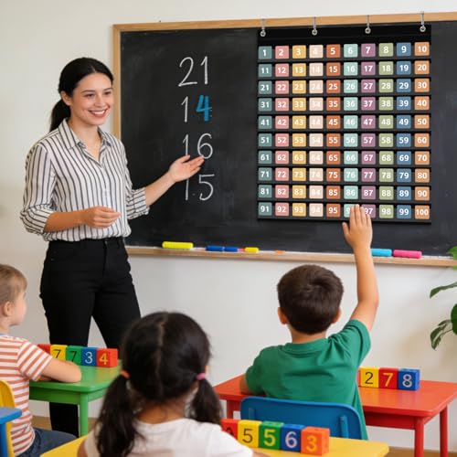 ANCOMEDO Hundred Pocket Chart with 100 Pockets & 150 Double-Sided Number Cards - Black Classroom Organizer