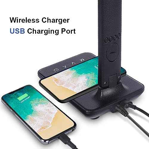 Multifunctional LED Desk Lamp with Wireless Charger,USB Charging Port,Clock,Phone Holder,Desk Lamps for Home Office,Eye-Caring Reading Lamp,Study Lamp for Boys,Girls,Teens,Black