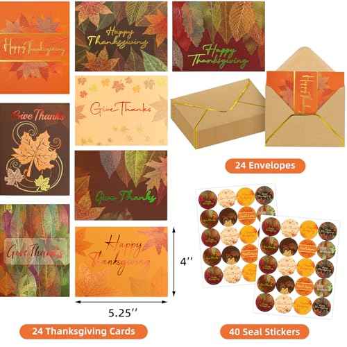Fancy Land Glitter Thanksgiving Greeting Cards with Envelopes 24 Pack Fall Leaves Happy Thanksgiving Cards