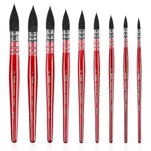 Grabie Professional Watercolor Paint Brushes, 9 Pcs Synthetic Squirrel Hair Mop Paintbrushes, Art Supplies for Painting, Great Watercolor Brushes for Artists, Amateur Hobbyists and Painting Lovers