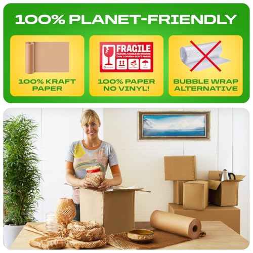 Honeycomb Packing Paper | Extra Thick 90 GSM Packing Wrap | Biodegradable Packing Materials: 15¡± x 400¡¯ Moving Paper + 30 Fragile Stickers | Paper Bubble Wrap/Packing Bubbles Substitute