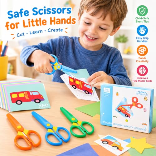 Toddler Safety Scissors 3-Pack with 60 Craft Sheets - Kids Craft Set for Ages 2-5