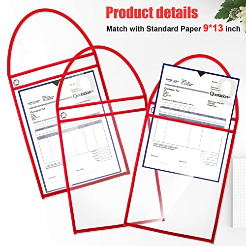 Geyee 50 Pack Job Ticket Holders Work Order Pockets for 9 x 12 Inch Hanging Sleeve Plastic Shop Ticket Holders with Strap, Both Sides Clear(Red)