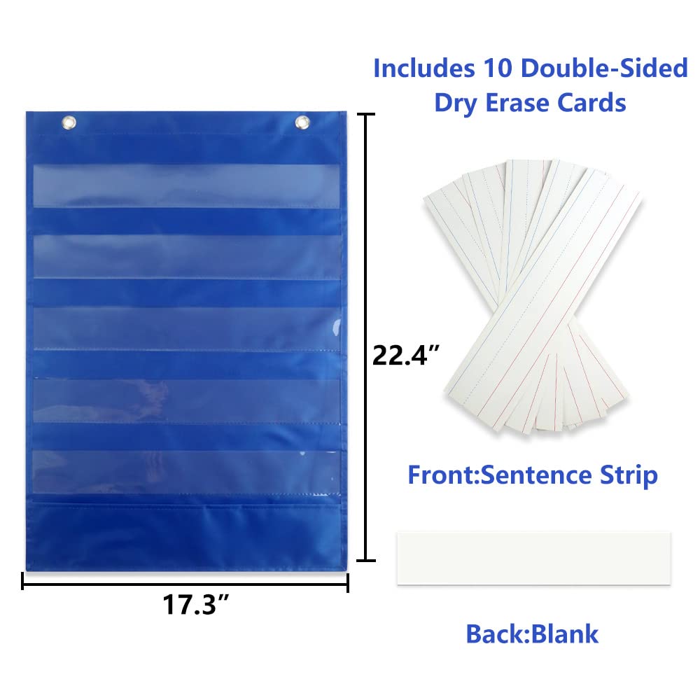 Mewise Pocket Chart with 10 Double Sided Sentence Strips, Activities, Class Demonstrations, Standards Pocket Chart, 420D Polyester, Blue