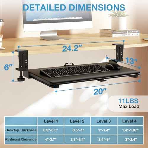 YOMT Adjustable Keyboard Tray Under Desk, Small Pull-Out Computer Keyboard Drawer with C-Clamp, 20¡± (24.2¡± Including Clamps) x 13¡± Slide-Out Platform Computer Drawer for Typing, Black