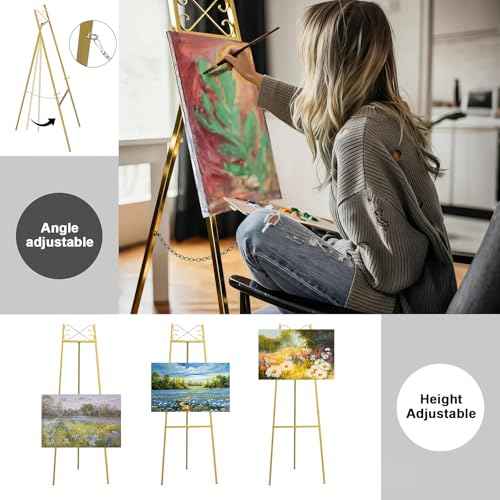 56" Gold Easel Stand for Wedding Signs ? Adjustable Height Metal Display Easel with Chain Support, Heavy Duty Floor Standing Easel for Art, Posters, Pictures, Paintings, and Party D?cor