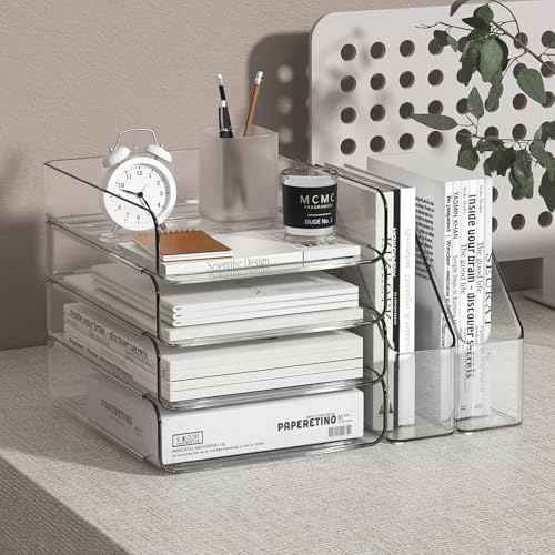 4-Tier Brown Acrylic Paper Tray Organizer for Desk + 2 Bookends ? Stackable Letter Tray, Acrylic Desk Accessories/File Organizer, Office Paper Organizer