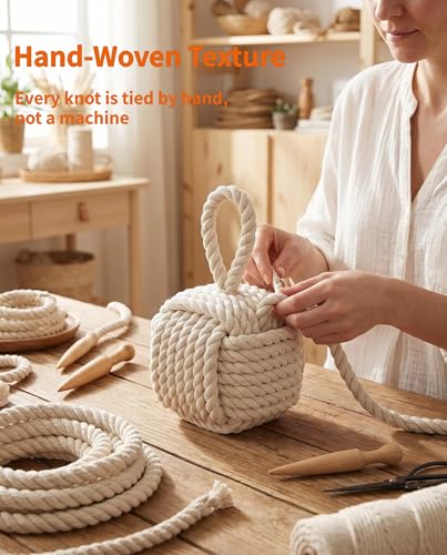 Optish Beige Decorative Door Stopper — 4 lb Weighted Rope Knot, for Standard Interior Doors