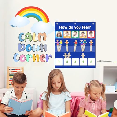 ALSLEA Feelings Pocket Chart for Classroom Blue - Emotions & Social Emotional Learning Tool for Kids