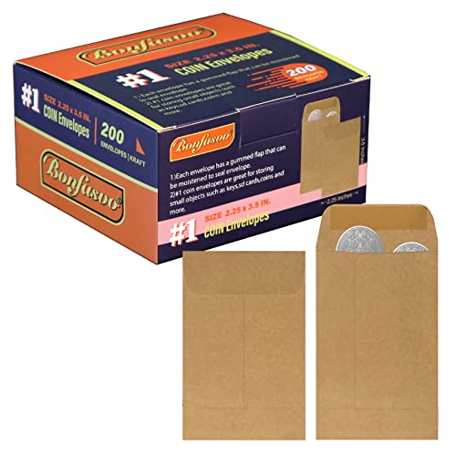 Bonfasvo 200 Pack Kraft Coin Envelopes 2.25 x 3.5 Inches Self-Adhesive Security