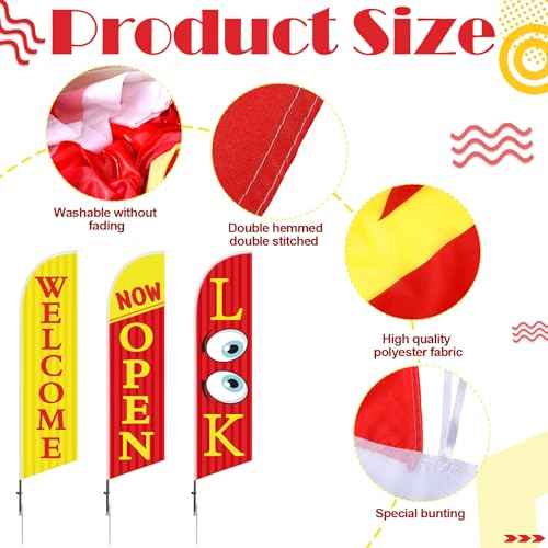 3 Pcs 12 Feet Open Themed Feather Flag for Business Advertising Outside Look Now Open Welcome Red Yellow Flag Banner for Grand Openings (Pole Hardware Not Included)