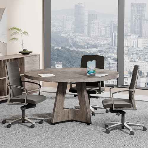 Tribesigns 47-Inch Round Conference Table for 4-6 People, Wooden Meeting Room Table with Thicken Tabletop and Wood Base (Grey)