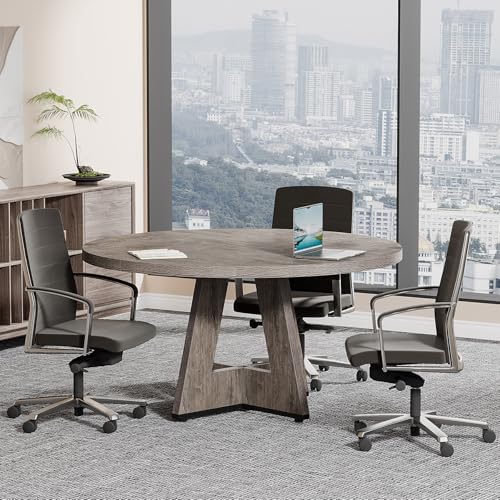 Tribesigns 47-Inch Round Conference Table Grey for 4-6 People, Wooden Meeting Room Table with Thickened Top and Wood Base