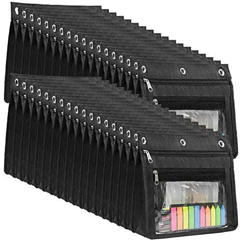 YoeeJob 36 Pack 1 Inch Expandable Zipper Pencil Pouches with Clear Window for 3 Ring Binder, Suitable for School & Office(Black)