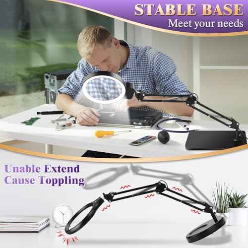 10X 30X Large Magnifying Glass with Light and Stand, 5-inch Lighted Magnifier, 72 LED 3 Color Modes Stepless Dimmable, Hands-Free Magnifying Glass Desk Lamp for Reading Craft Hobby Close Work Black