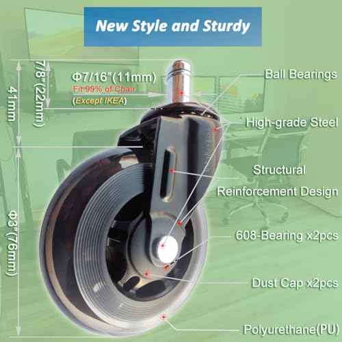 Premium Office Chair Wheels Replacement with Removal Tool, These Flexible and Durable Desk Chair Casters're Helpful for Working, Learning and Gaming(3 Inch, 7/16 Inch(11mm), 5pcs)