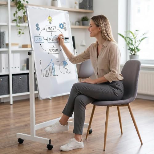 IDEALHOUSE 40x28 Inch White Double-Sided Mobile Whiteboard with Adjustable Height