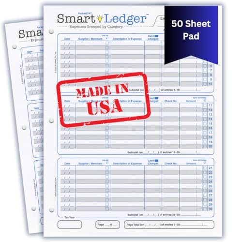 PocketCPA Smart Ledger 50 Sheets: Expense Categorization Organizer, Small Business Bookkeeping 8.5x11, Made in USA