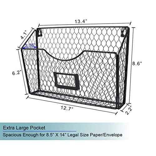 PAG 6 Pockets Hanging File Holder Wall Mount Mail Organizer Metal Chicken Wire Magazine Rack with Tag Slot, Black