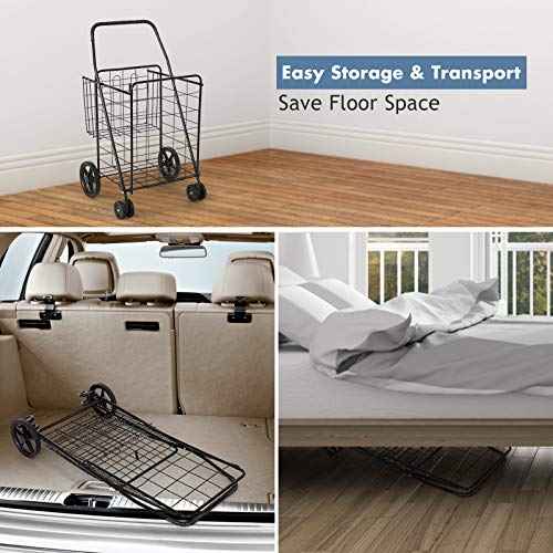 BETTARY Jumbo Folding Shopping Cart, Metal Grocery Cart on Wheels with Double Basket, Heavy Duty Utility Cart with 360¡Æ Swivel Wheels for Grocery, Laundry, Book, Luggage, Travel, Black