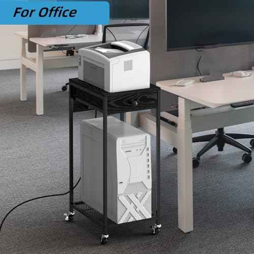2 Tier Computer Tower Stand with Drawer, CPU Holder Stand with Charge Station and USB Charging Port, Printer Cart with Wheels for Home Office Fax, Black