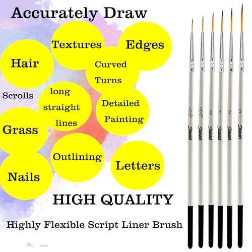 Script Liner Paintbrush 6 PCS Highly Flexible Liner Brush Extra Long Fine Point Tip Pinstriping Scroll Outlining Brush for Acrylic Watercolor Oil Gouache