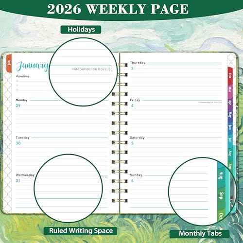 2026 Planner - 2026 Planner Weekly and Monthly, Jan. 2026 - Dec. 2026, 6.4" x 8.5" Calendar 2026 with Monthly Tabs, Premium Paper, Strong Twin-wire, Green