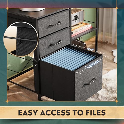 DEVAISE 3 Drawer Mobile File Cabinet, Rolling Printer Stand with Open Storage Shelf, Fabric Lateral Filing Cabinet fits A4 or Letter Size for Home Office, Black
