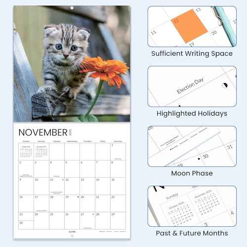 SUNEE Wall Calendar 2026, Kittens Calendar From September 2025 to December 2026, 12"x24" Opened, Cute Cat Theme Large Calendar 12"x12" for Organizing & Planning