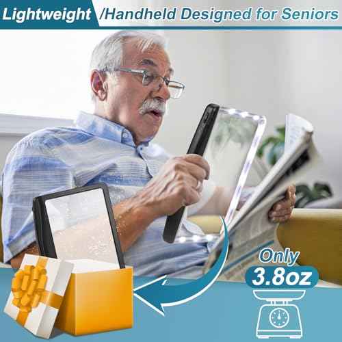 5X Magnifying Glass for Reading, Large Bright LED Lighted Full Page Magnifier, Lightweight Rectangular Handheld Magnifier with Light for Reading Small Prints for Seniors, Low Vision