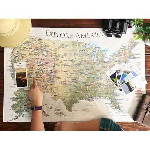 USA Map Poster With National Parks with USA Travel Destinations - Nautilus Edition US Travel Map Wall Posters - National park checklist (36W x 24H inches)